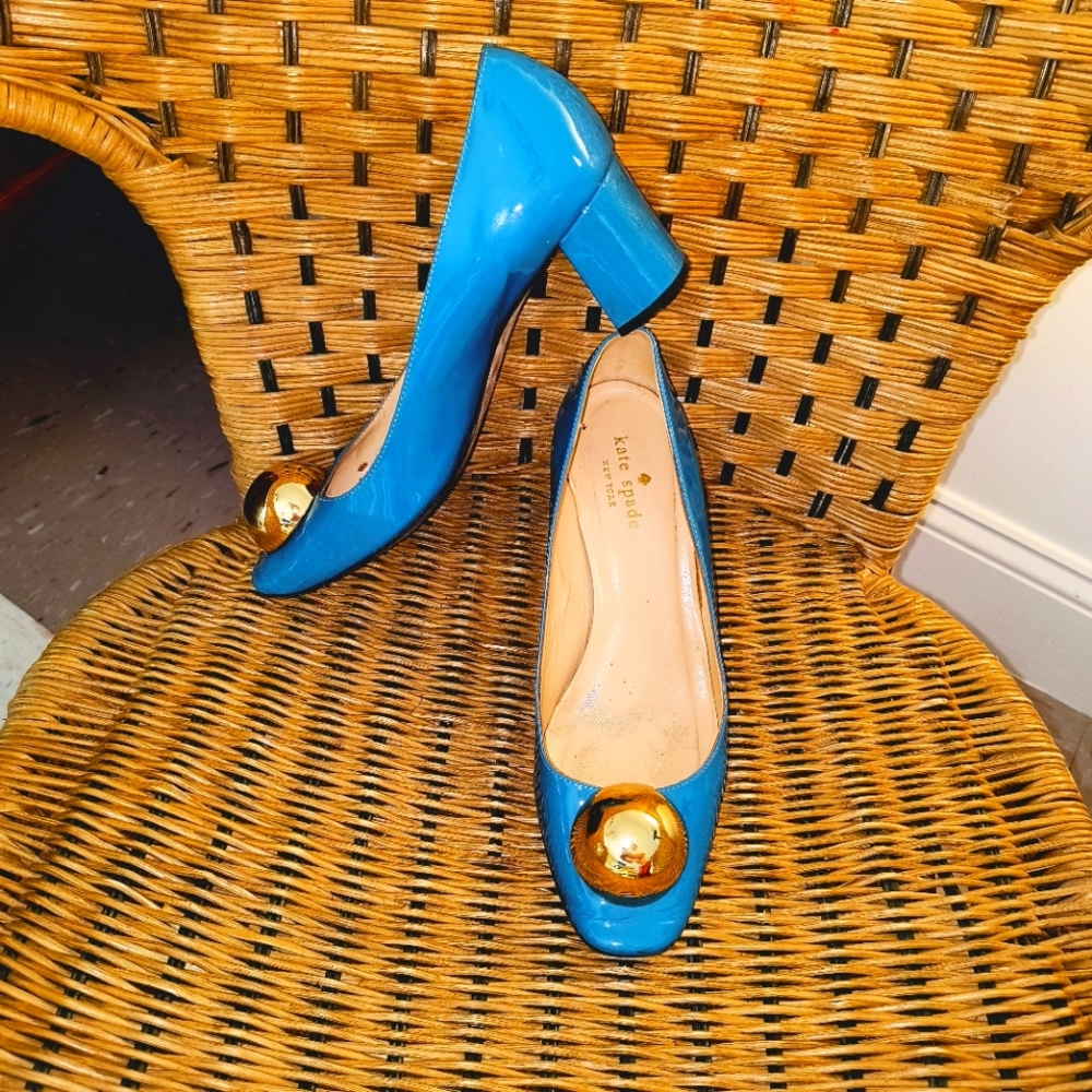 Block Heel Pump Turquoise w Gold ball